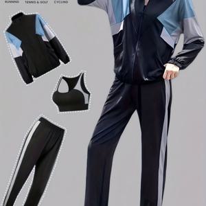 TEMU 여성용 운동 세트, 스포츠 브라, 지퍼업 패치워크 스웨트셔츠 및 하렘 팬츠, 야외 러닝 3피스 의상, 헬스 여성복