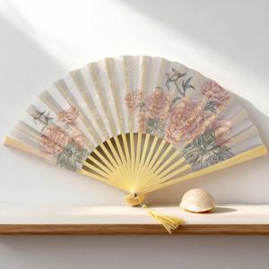 TEMU 1개 고급스러운 중국 꽃무용 부채 | 고품질 술 장식이 있는 휴대용 접이식 부채, 댄스 및 무대 공연에 이상적, 웨딩, 파티, 홈 데코에 완벽