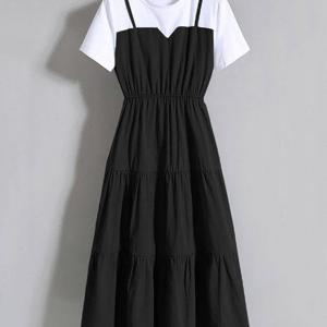 TEMU 여성용 춘하추계 라운드 캐주얼 dress 신상 기질 우아한 패션 루즈핏 날씬해 보이는 여성 레이어드 무릎까지 오는 아웃도어 나들이 캐주얼 반팔 미디 원피스 슬림소녀