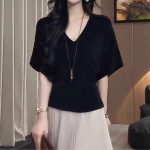 TEMU 여성 브이넥 가오리핏 반팔 티셔츠 슬림핏 허리라인 빅사이즈 날씬해보이는 체형커버 팔뚝커버 세련된 오피스룩 출근룩 데일리 여름 상의 블랙