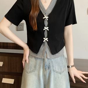 여성 레이어드 티셔츠 리본 페이크 가디건 세트 브이넥 반팔티 배색 슬림핏 날씬해보이는 체형커버 오피스룩 출근룩 데이트룩 꾸안꾸 러블리 블랙 그레이