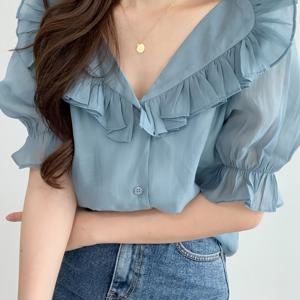 TEMU 여성 브이넥 프릴 블라우스 쉬폰 셔츠 퍼프소매 반팔 빅카라 체형커버 팔뚝커버 오피스룩 하객룩 데이트룩 페미닌 바캉스룩 시원한 여름