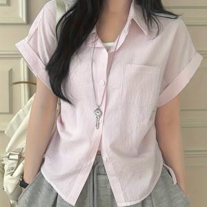 TEMU 여성 반팔 셔츠 남방 루즈핏 프렌치 롤업소매 시원한 시어서커 비침없는 체형커버 꾸안꾸 출근룩 데일리 바캉스룩 핑크