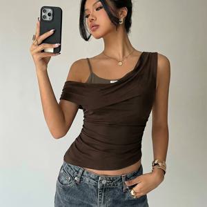 TEMU Y2K 여성용 패션 메쉬 티셔츠, 2-in-1 룩 탱크탑, 비대칭 오프숄더 넥라인과 밑단 디자인, 파티, 모임, 데일리웨어에 적합, 신축성 있는 원단, 기계 세탁 가능