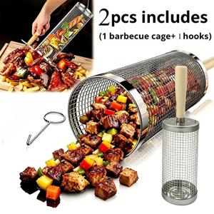 TEMU 2개 (그릴 바스켓 1개 + 후크 1개), 스테인리스 스틸 롤링 BBQ 그릴 케이지 (손잡이 포함), 야채 및 고기용 휴대용 야외 캠핑 그릴 바스켓, 튼튼한 논스틱 BBQ 케이지, 여름 뒷마당 바베큐 파티 용품, 피크닉 RV 캠핑 조리 장비