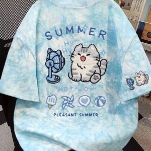 TEMU 여성용 2026년 봄 여름 신상 귀여운 고양이 프린트 바틱 티셔츠 - 커플 매칭 라운드넥 반팔 블라우스 BF 스타일, 캐주얼 의류에 적합, 루즈핏 매칭 의상, 기계 세탁 가능 고양이 테마 상의