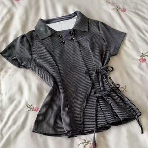TEMU 프렌치 레트로 핀스트라이프 허리 집어넣는 셔츠 여성용 라펠 더블 브레스트 넥타이 허리 단추 여밈 반팔 탑 [ZLLZ]