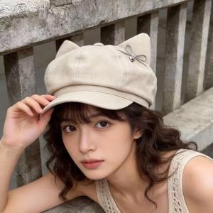 여성용 빈티지 고양이 귀 넓은 챙 베레모 - 가벼운 팔각형 얼굴형, 리본 및 귀 장식 포함, 가을, 캐주얼 및 테마 의상에 적합, 하루 종일 착용 가능한 신축성 없음 (손세탁 가능)