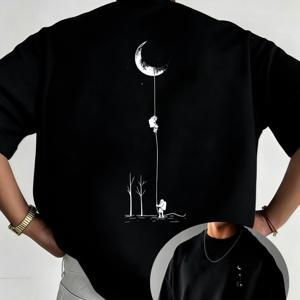 TEMU 꿈결의 방랑자 그림자 행잉 패턴 남성 티셔츠 - 블랙 앤 화이트 스타일, 서현리즘 디자인, 개성과 예술적인 분위기를 추구하는 성인을 위한 이상적인 제품, 독특한 취향과 몽환적인 분위기를 완벽하게 표현