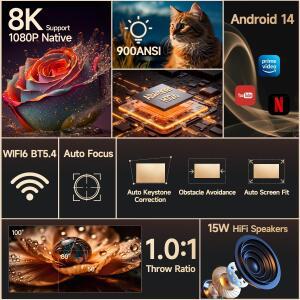 Magcubic 오토 포커스 안드로이드14 4K 프로젝터 900ANSI 8K 네이티브 1080P HY350Max 와이파이6 BT5.4 16G