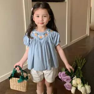 꼬꼬몽 오크자수 상하복 세트 여아용 유아 반팔 반바지 여름 아동복