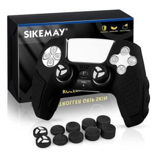 SIKEMAY PS5 컨트롤러 커버 스킨 케이스, 충전기에 직접 적용 가능, 미끄럼 방지 땀 실리콘 보호, 엄지 그립 캡이 있는 플레이스테이션 5 듀얼센스 x 10 (블랙)