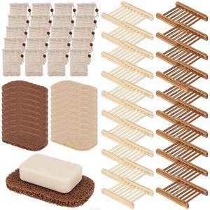 60PCS 비누 세이버 세트 방수 래커가 포함된 나무 접시 20개 루파 패드 면 린넨 드로스트링 가방 욕실 샤워 여행용 포함 대나무 홀더
