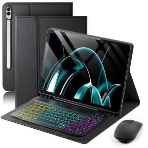 갤럭시 탭 S11 울트라 / S10 S9 S8 14 6인치 커버용 케이스 키보드 - 마우스가 있는 S펜 홀더가 7가지 색상 체인지 백라이트 탈착식 마그네틱 블랙