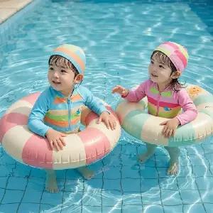 레인보우 집업수영복 수영모 세트