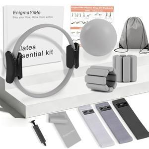Pilates Ring Kit with Adjustable Ankle Wrist Weights Resistance Bands Ball Equipment for Home Workout to Tone Sculpt and Strengthen Fitness Magic Circle Rings Yoga Women