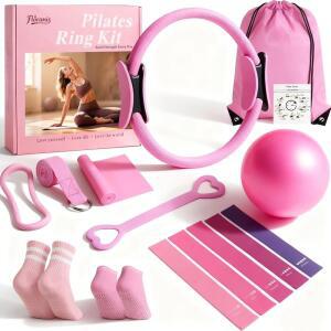 Floranis Home Pilates Essentials Kit for Women Pink Ring and Ball Set Equipment Magic Circle with 5 Resistance Bands Premium Accessories Kits Starter Toning Workouts at