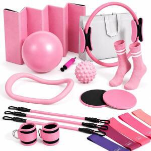18개 Ultimate Pilates Kit Premium Home for Woman with Ring and Ball Foldable Mat Bands Socks Workouts Starter