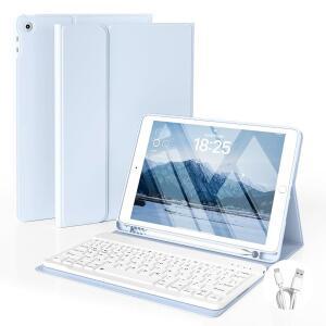 GKABXY 키보드 포함 IPAD 10.2 인치 2021/2020/2019 9세대/8세대/7세대 분리형 블루투스 커버 공부용/사무실/여행용 멀티 앵글 스탠드 (스카이 블루)