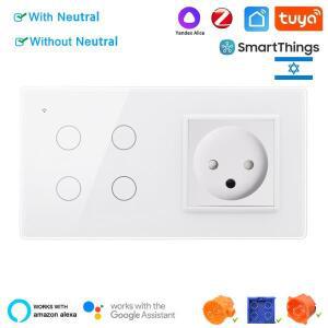 ZIGBEE Tuya 4 Gang 스마트 터치 스위치가 장착된 Coswall 이스라엘 벽 소켓 Amazon Alexa Google Assistan