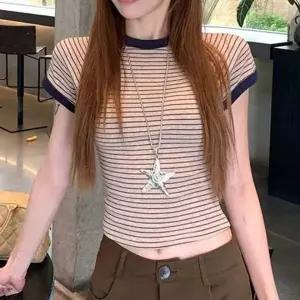 반팔 티셔츠 여성 크롭 단가라 배색 라운드넥 캡소매