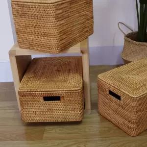 등나무 보관함 뚜껑 D형 수제 손잡이 핸드메이드 바구니 36x26x16cm