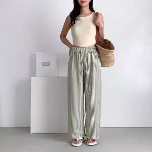 와이드 팬츠 여성 지지미 바지 스트라이프 밴딩 세트