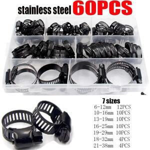 60pcs 클램프 스테인레스 스틸 조정 가능 6-38mm 범위 웜 기어 블랙 키트 목공 스프링 용