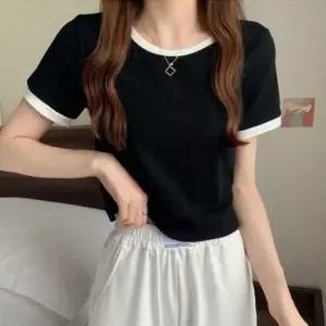 반팔 티셔츠 배색 크롭 상의 솔리드 쾌적핏