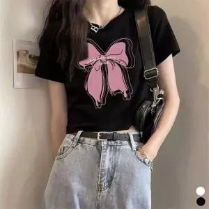크롭티 여성 상의 리본 프린팅 티셔츠