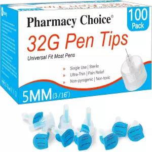 펜 팁 32G x 5mm(3/16인치) 유니버설 핏 멸균 초박형 벽 기술. 편안하고 정밀한 100 카운트
