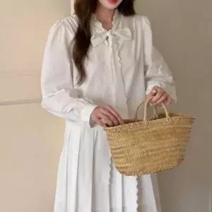 원피스 긴팔 리본 화이트 여성 데이트룩 홈웨어