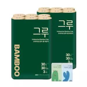 그루 프리미엄 밤부 롤 화장지 3겹 30m 30롤 2팩+포켓휴대 용티슈 10매 2개