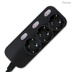 플러스탭 국산 개별 스위치 절전 접지 고용량 고전압 멀티탭 3구 블랙 2m 3200w