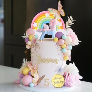 유니콘 케이크 토퍼 무지개 장식 나비 공 생일 축하