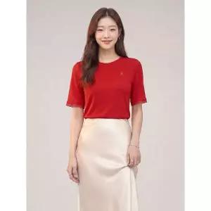 [하프클럽/크로커다일레이디]레드 소매 레이스 포인트 단색 티셔츠 CLCMTS202
