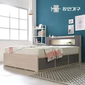 장인가구 스텔라 LED 조명 수납헤드 깊은4서랍 침대Q_포켓매트