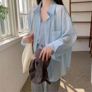 여성 블라우스 시스루셔츠 루즈핏 롱남방 여름 긴팔 셔츠 간절기 바캉스룩 비치웨어