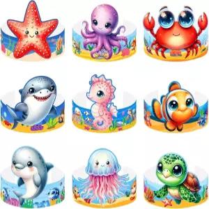 바다 밑 세이바 나무 27pcs 종이 모자 동물 왕관 테마 머리띠 여름 파티 생일 활동 장식 지원