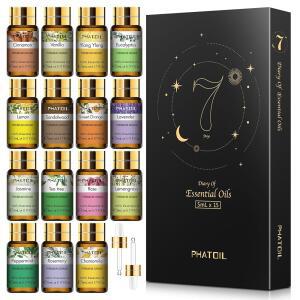 PHATOIL 15PCS 에센셜 오일 선물 세트 - 아로마테라피 디퓨저 요가 홈 오피스 비누 캔들 만들기를 위한 프리미엄 품질 100% 천연 순수 에센셜 오일 - 5ml /