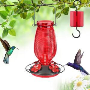 FEED GARDEN 야외 걸이용 유리 벌새 내장 해자, 새 모이통, 4개 포트 및 591.5ML(20온스) 레드, 먹이 꿀벌 가드 외부용 개미 1팩
