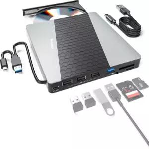 SUIDEK 외장 CD DVD 드라이브 USB 3.0 C 휴대용 RW 버너 플레이어 SD/Micro 카드 리더 8 포함 노트북 Mac
