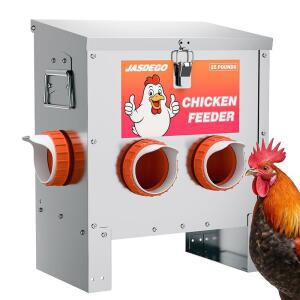 JASDEGO 4 포트 금속 닭 모이통, 우리, 가금류 핸들 및 방지 래치 11.3KG(25파운드) BANTAMS 폐기물 없음, 설치류 자동 피더, 포함,