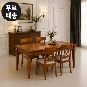 데일 원목 엔틱 식탁 세트 4인용 의자 나무 브라운