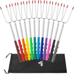 UNCO - 엑스트라 롱 마시멜로 로스팅 스틱 12개 45인치 컬러풀 고무 손잡이 확장 가능한 스테인리스 스틸