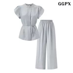 퓨어 내추럴 반팔 블라우스 와이드 팬츠 셋업 (GQBOW116D)