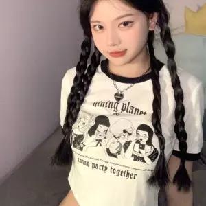 크롭티 여성 반팔 티셔츠 프린팅 배색 상의