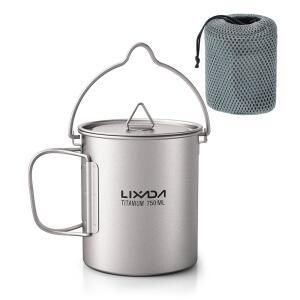 뚜껑이 있는 리사다 티타늄 워터 머그컵과 접이식 손잡이 초경량 750ML 냄비 휴대용 야외 캠핑 요리 피크닉