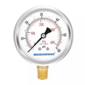 측정기 2-1/2인치 다이얼 크기 액체 충전 압력 게이지 0-60psi/kpa 스테인리스 스틸 케이스 304개 NPT 하부