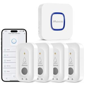 MAXCIO Wi Fi 누수 감지기 4팩 110dB 조절 가능한 알람 APP SMS 전화 알림 1640피트 전송 범위 지하실 욕실 주방에 적합한 스마트 워터 무선 센서